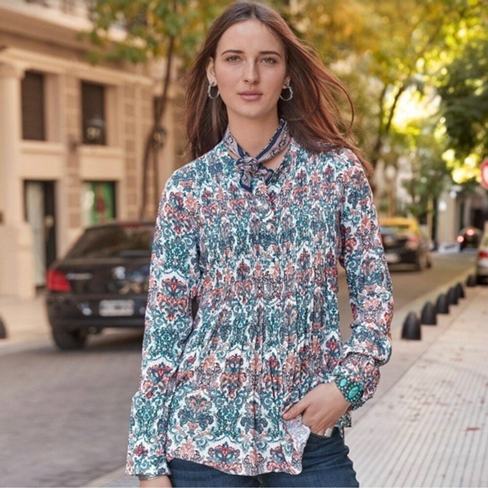 Sundance Grace Delight Top aisley Pleated Top Women Half Button Peasant SZ S